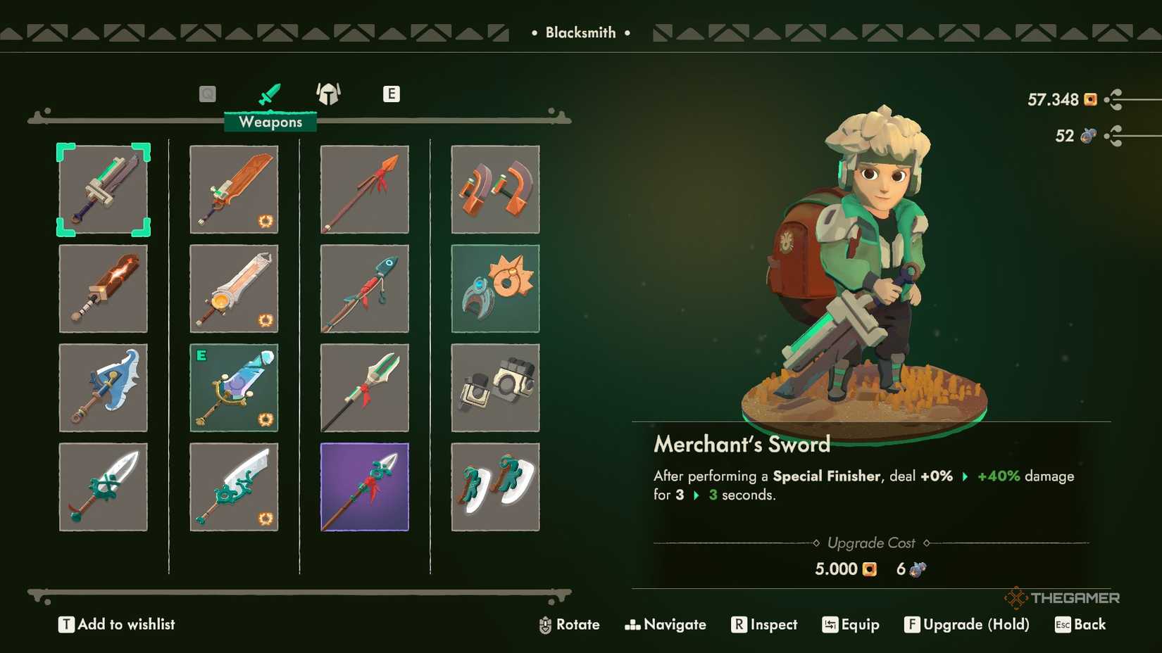 The full list of weapons from the Blacksmith in Moonlighter 2.