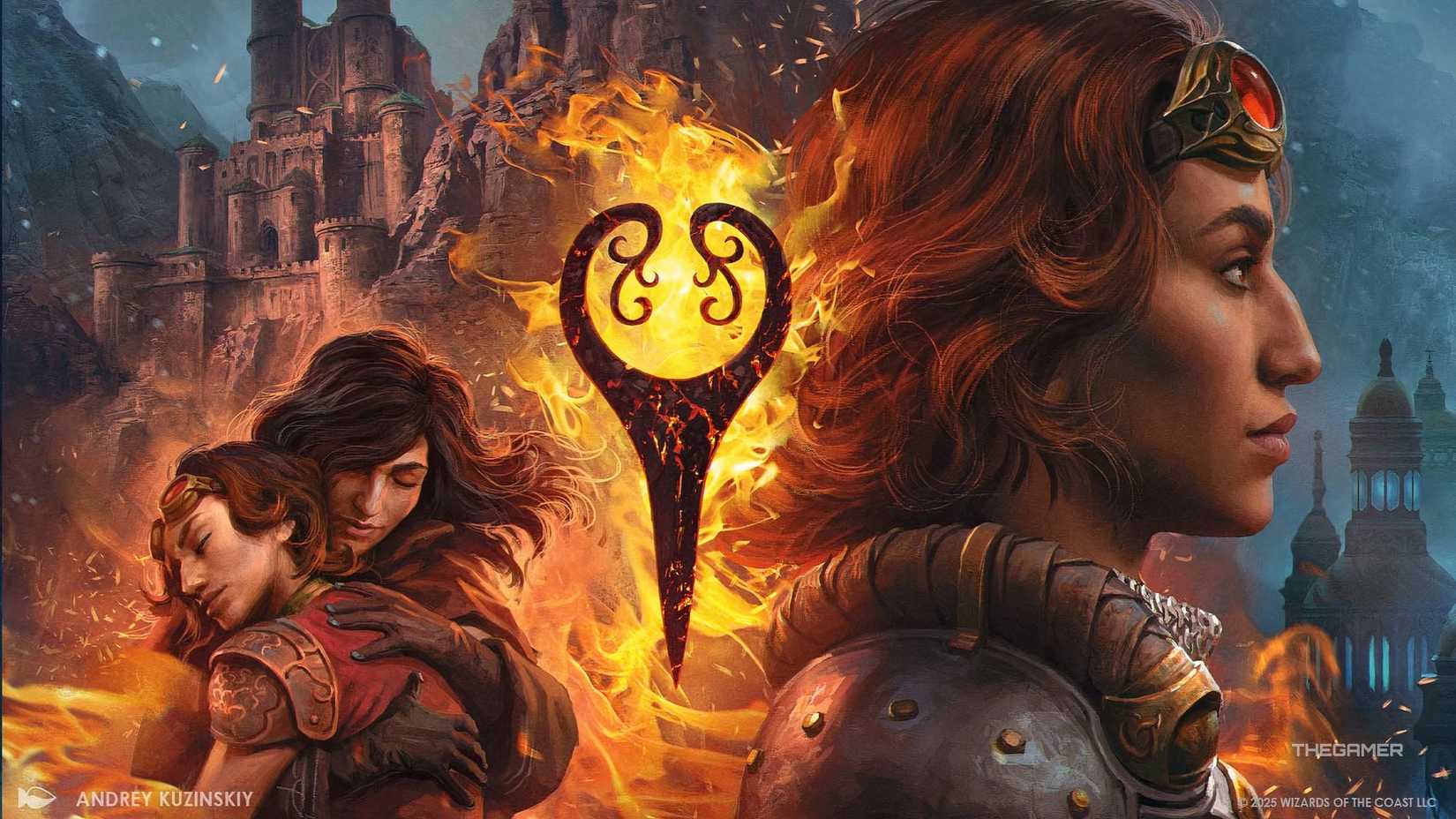 MTG Reality Fracture promo image of two women hugging, against a background of flame while the younger woman also appears closer up on the opposite side. A city is just about visible in the background.