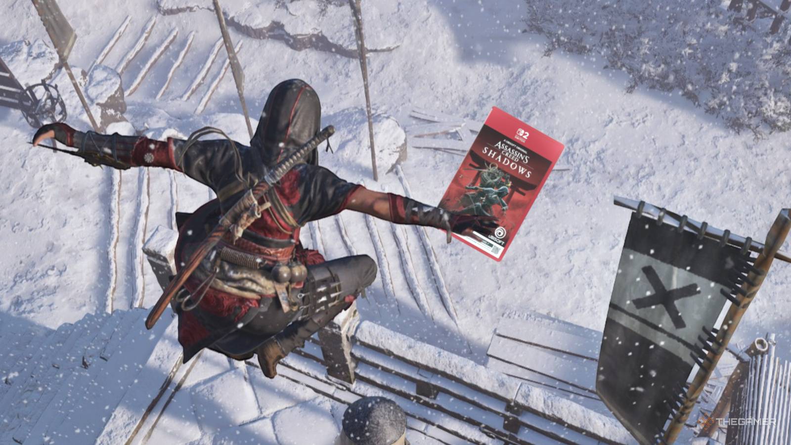 naoe jumping onto a switch 2 copy of assassin's creed shadows.