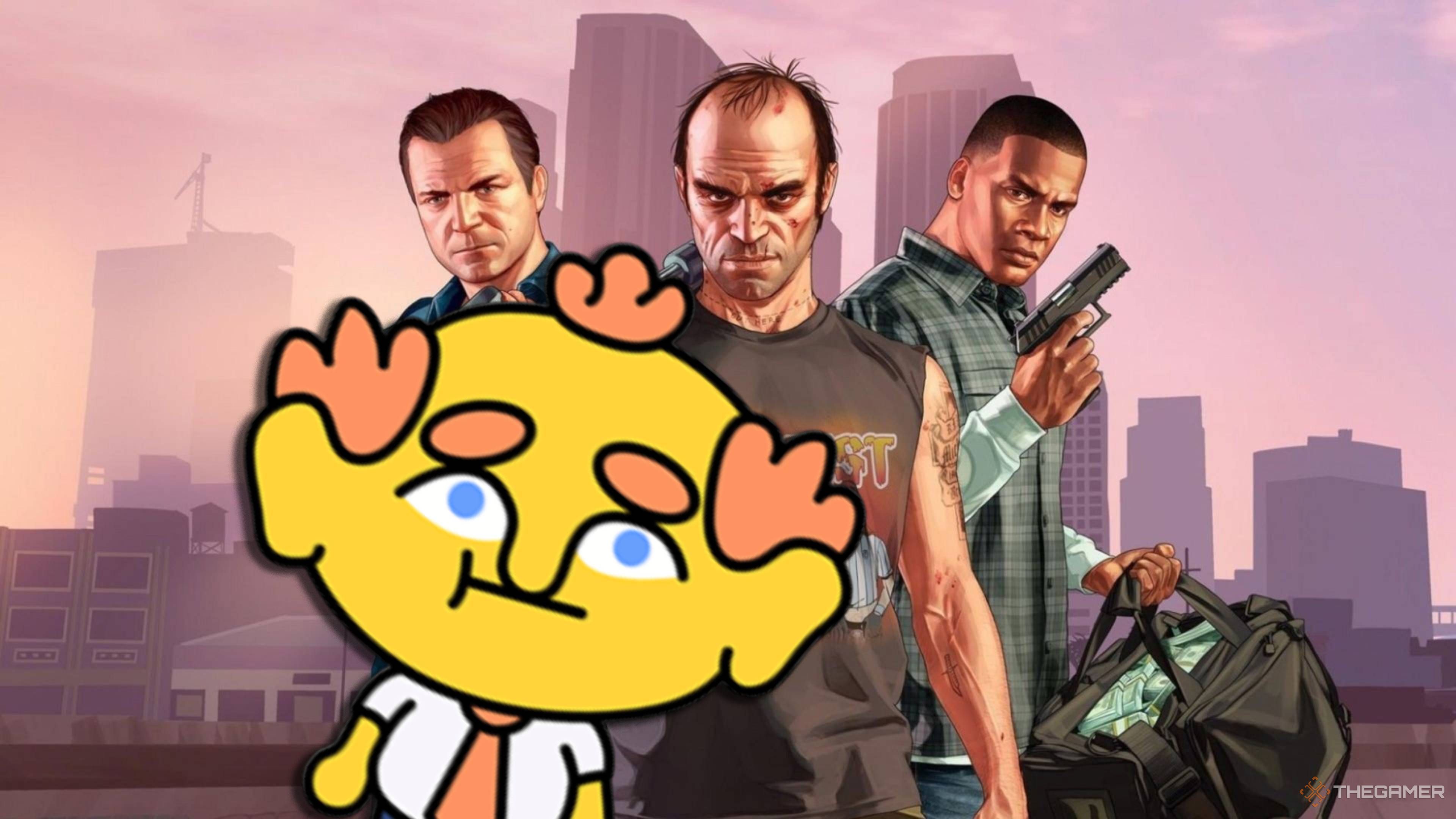 thank goodness you're here character in front of the three leads from gta 5.