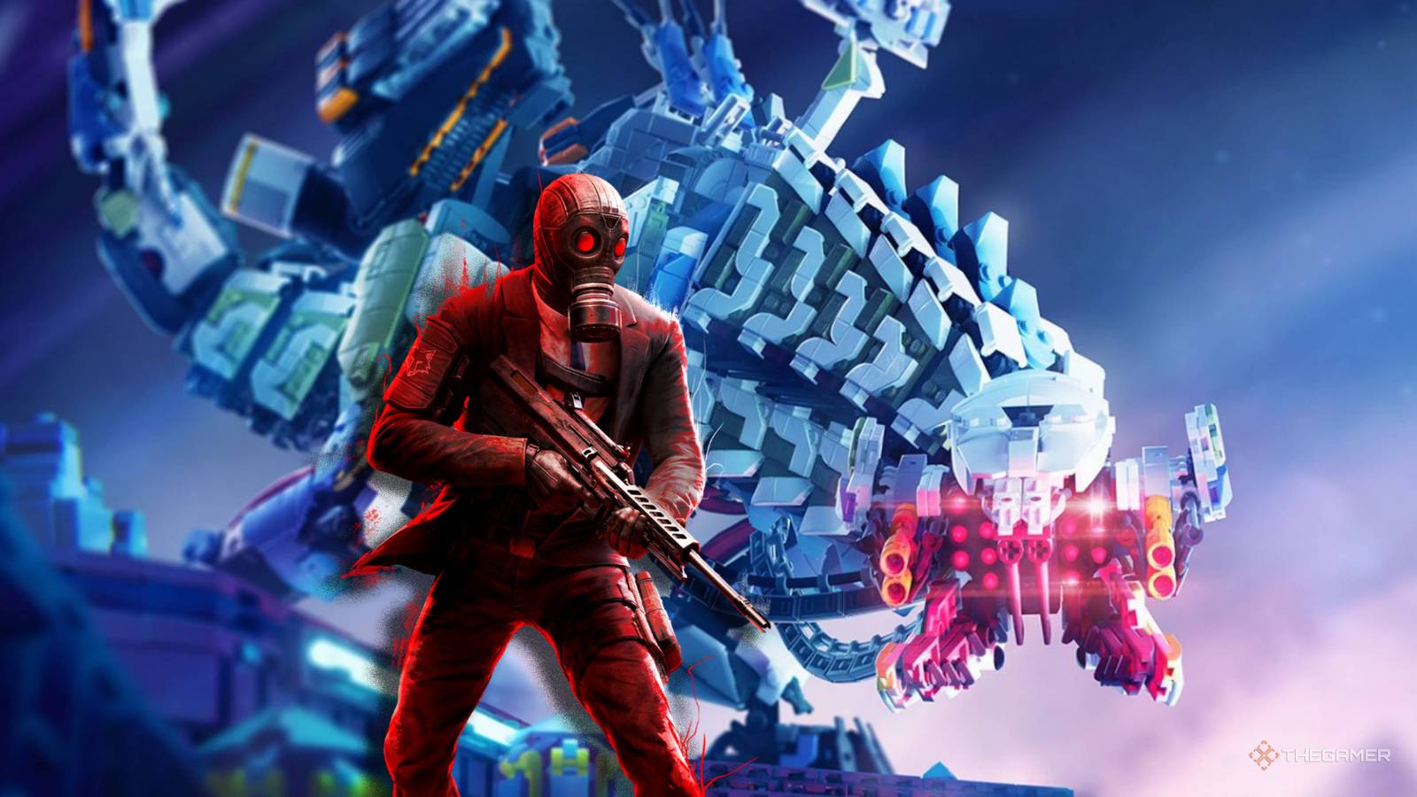 killing floor character in front of a lego horizon mech.