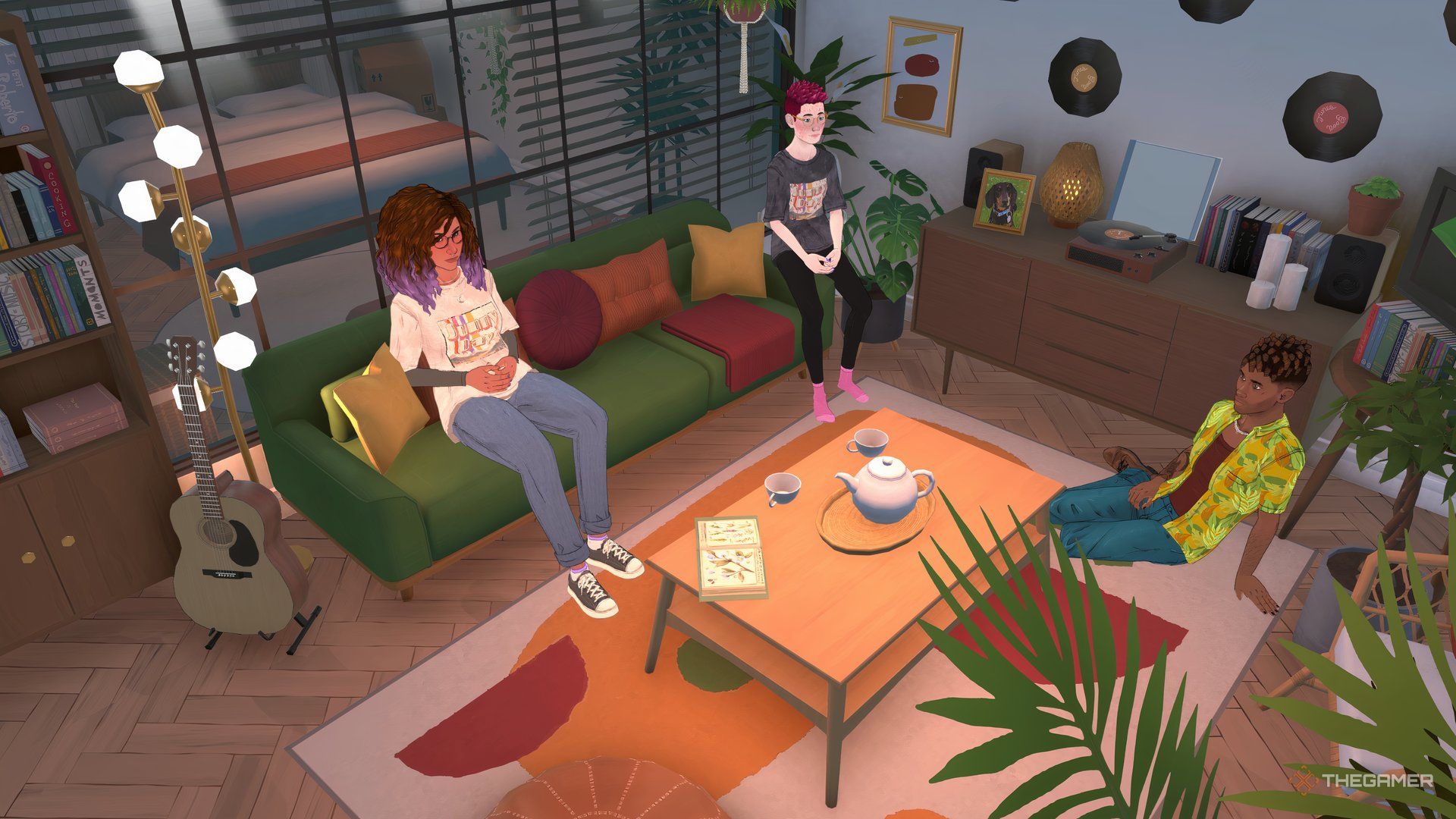 Three people sat in a modern lounge, two on a sofa and one on the floor, in Paralives.