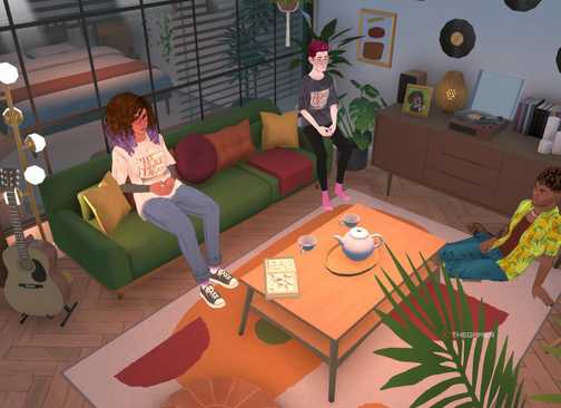 Three people sat in a modern lounge, two on a sofa and one on the floor, in Paralives.