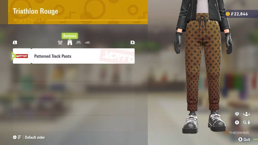 Patterned Track Pants at Triathlon Rouge in Pokemon Legends: Z-A.