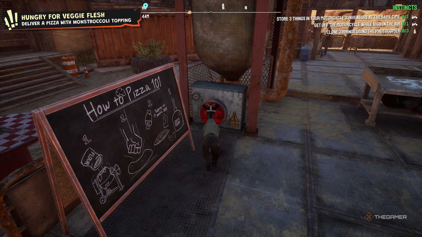 Pilgor next to the red pizza button in Goat Simulator 3.