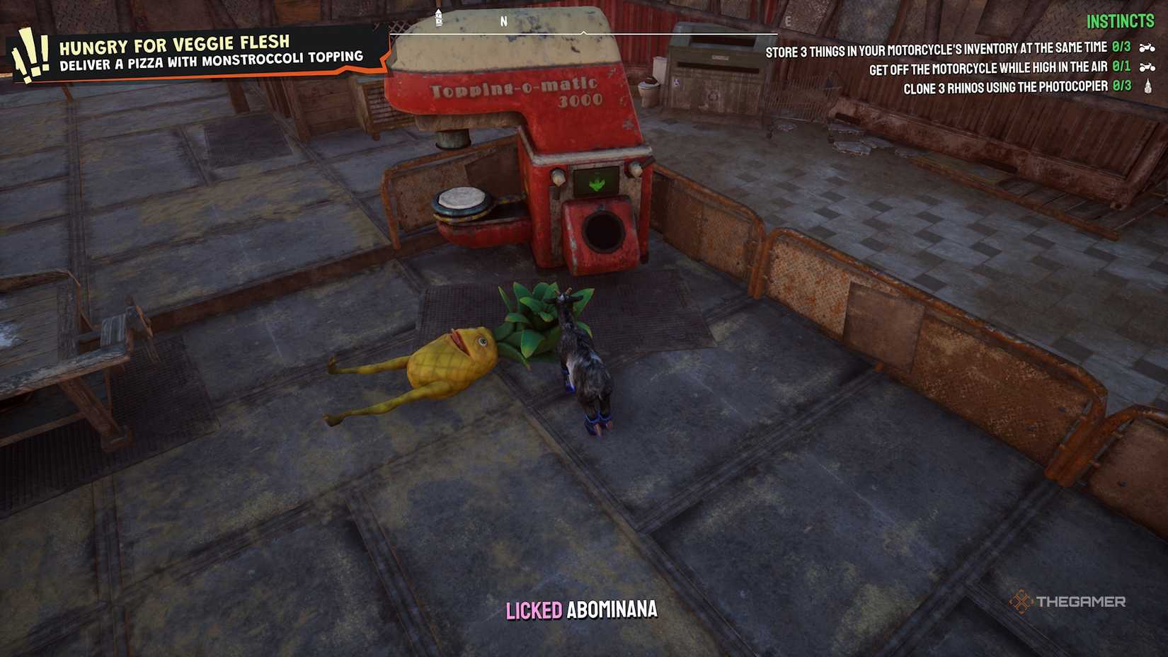 Pilgor dragging a pineapple to a Topping-o-matic 3000 machine in Goat Simulator 3.