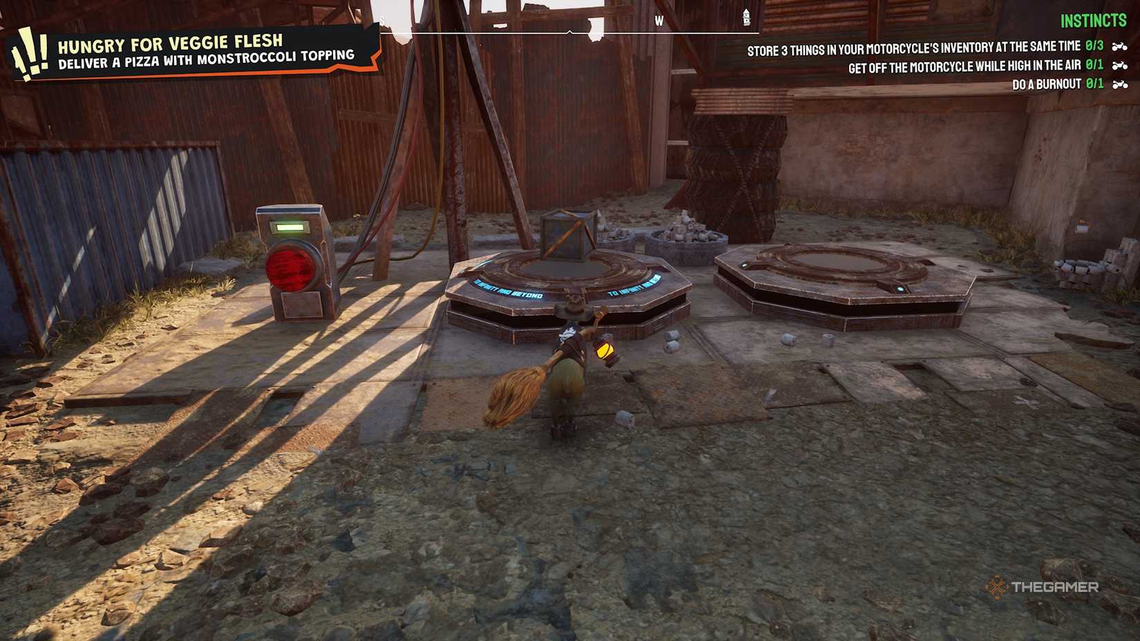 Pilgor with a blue box on top of the copier in Goat Simulator 3.