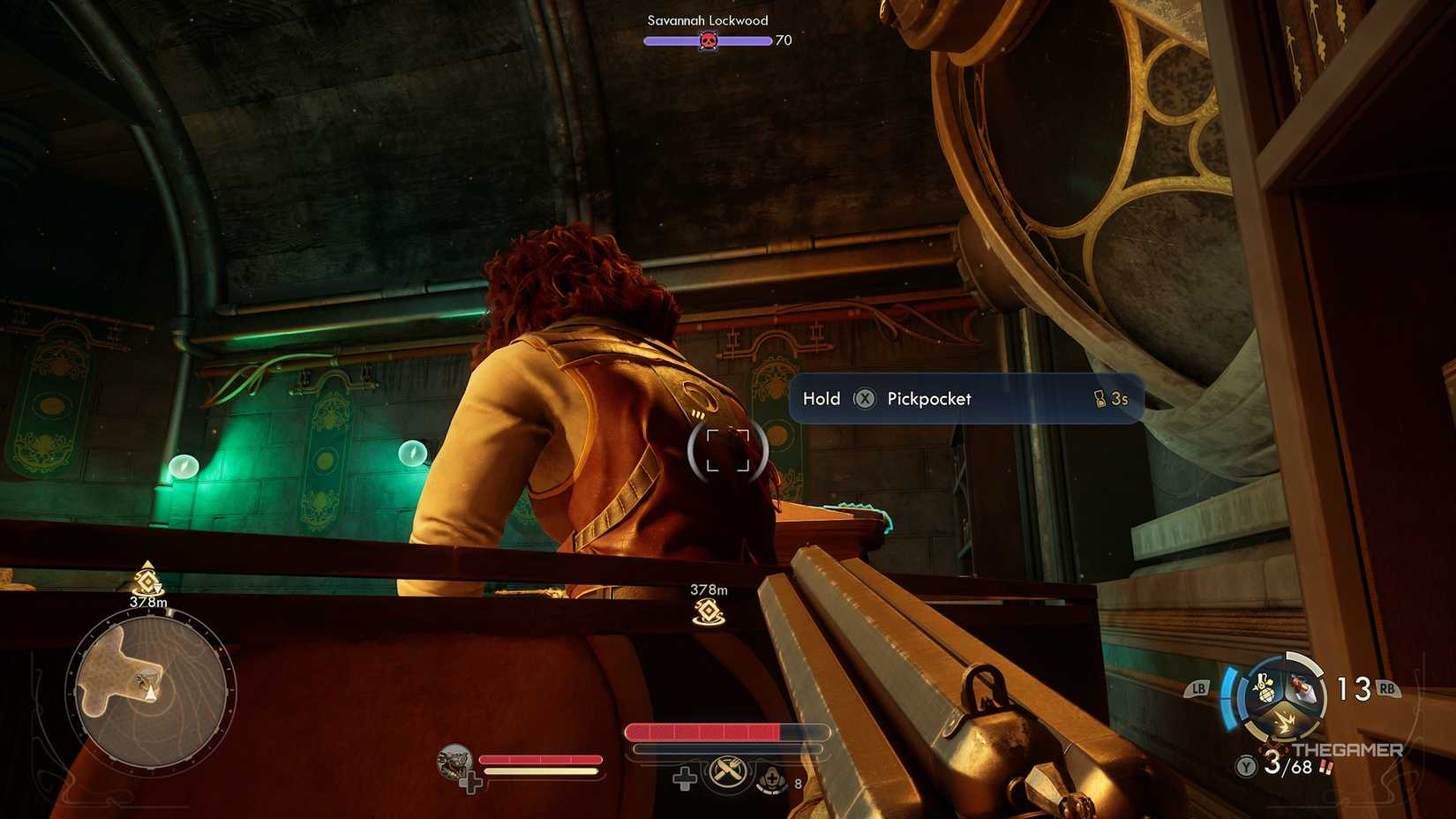 Player for Savannah ready to pickpocket her in The Outer Worlds 2.