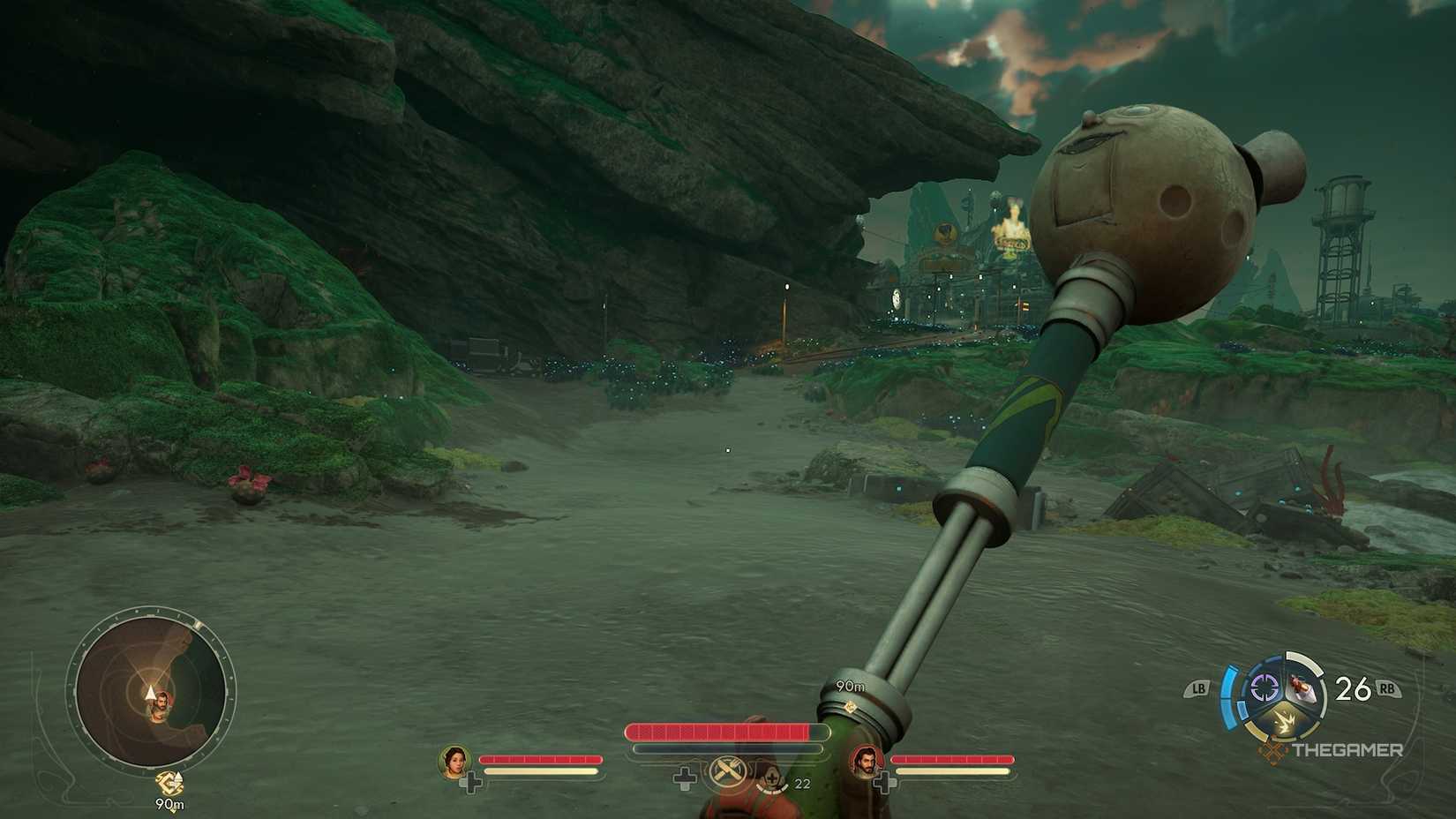 Player holding a melee weapon in The Outer Worlds 2.