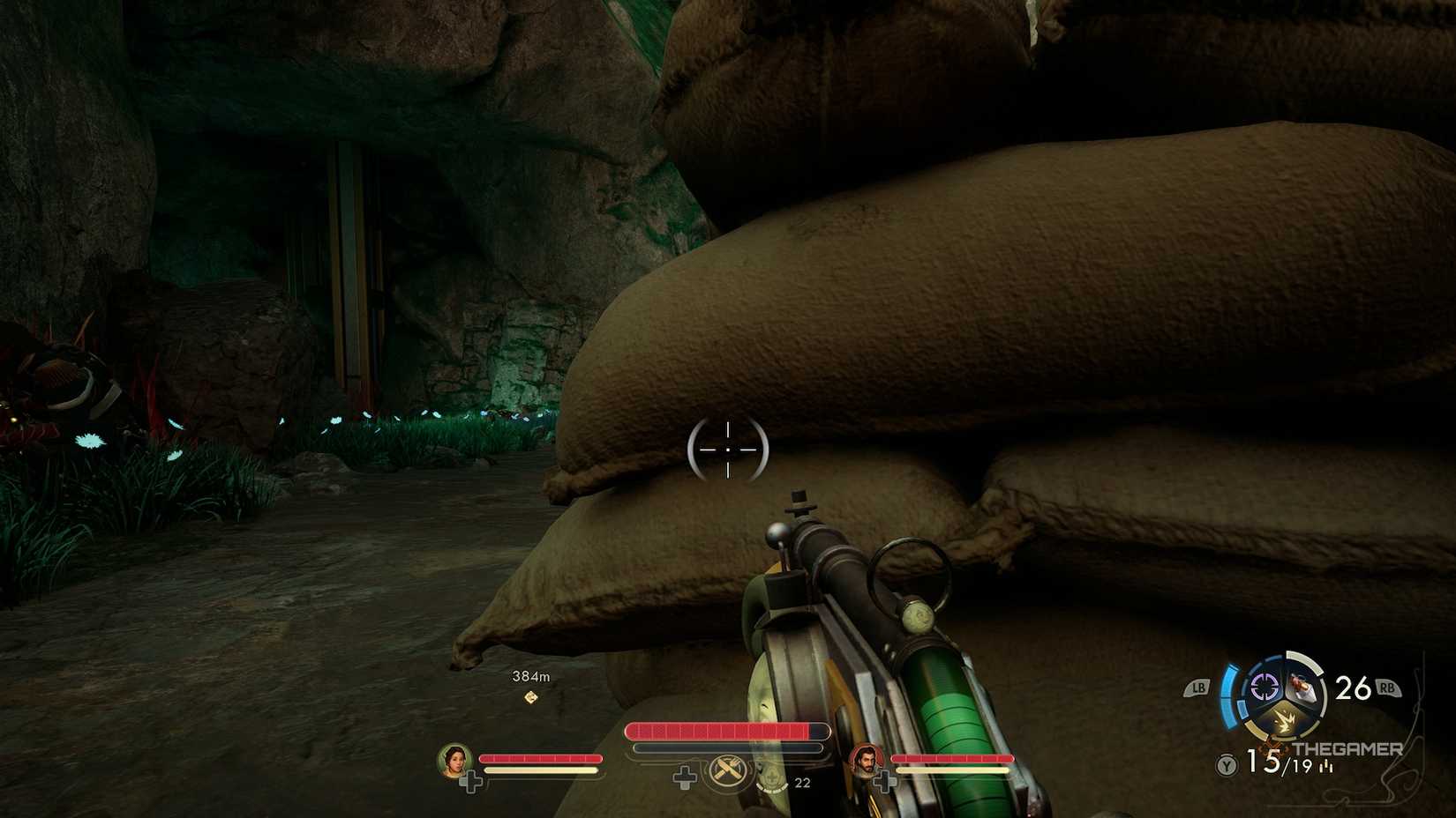 Players taking cover behind sandbags in The Outer Worlds 2.