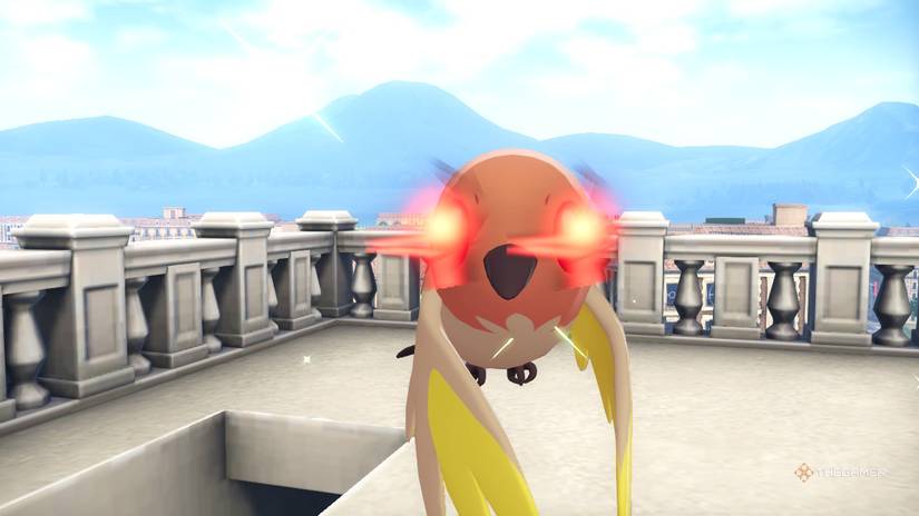 A close-up of a shiny Alpha Fletchinder in Pokemon Legends: Z-A.