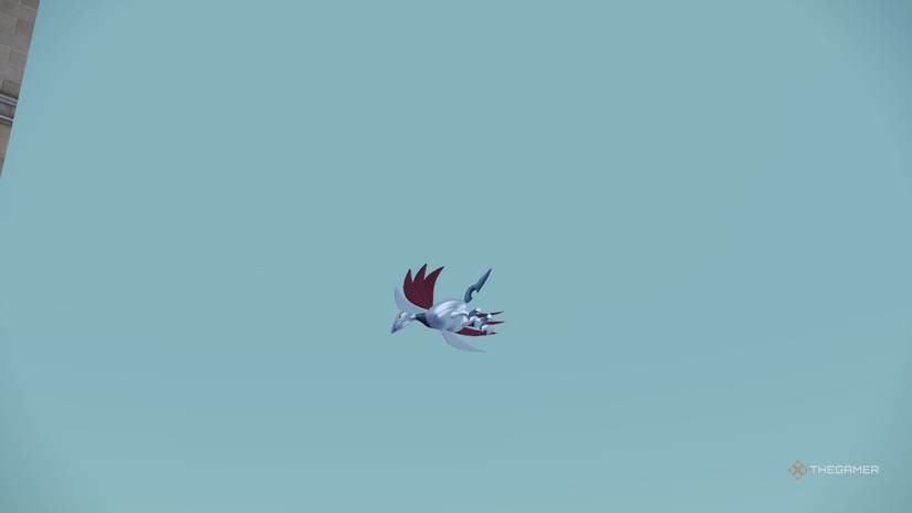 A Skarmory flying in the air above Wild Zone 17 in Pokemon Legends: Z-A.