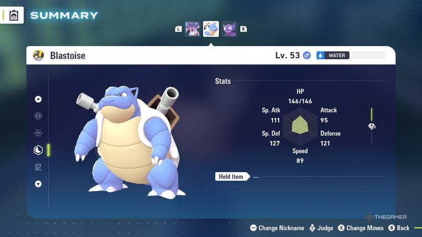 Blastoise stats in Pokemon Legends menu: ZA.