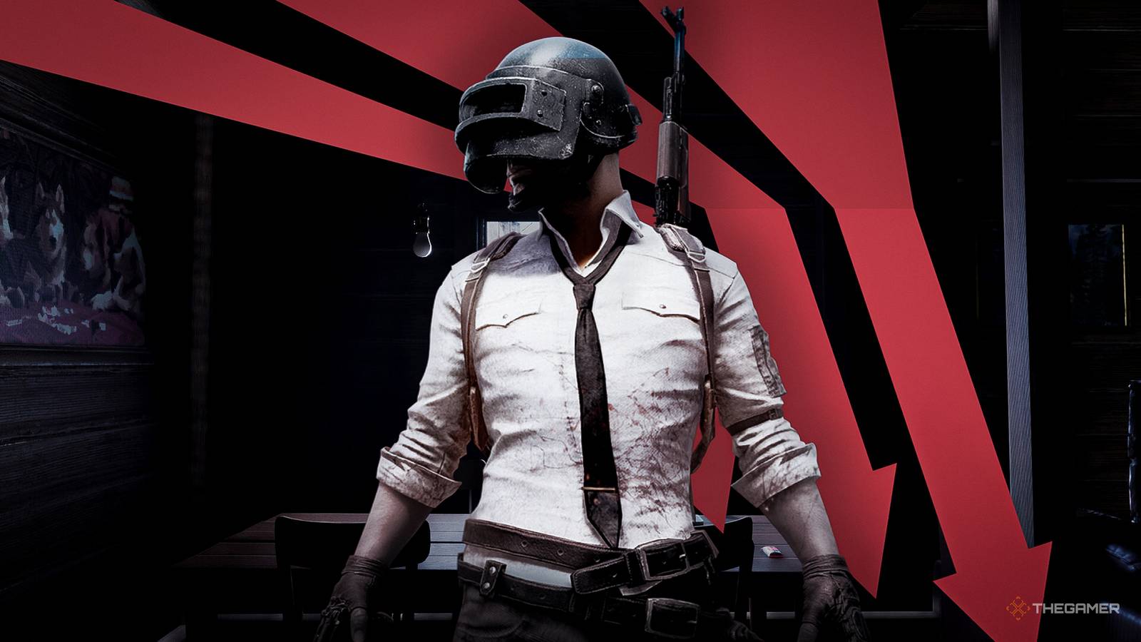 pubg character standing in front of three falling red arrows.
