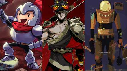 A collage of images showing (from left to right) the hero from Rogue Legacy, Zagreus from Hades, and the commando from Risk of Rain.