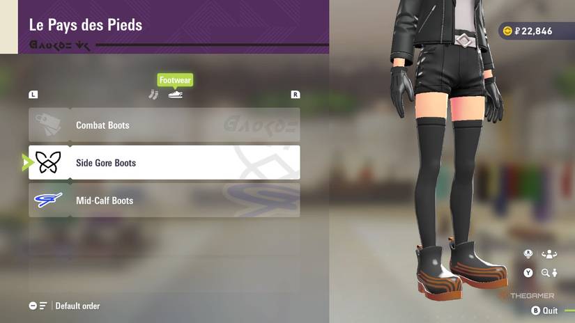 Side gore boots at Le Pays des Pieds in Pokemon Legends: Z-A.