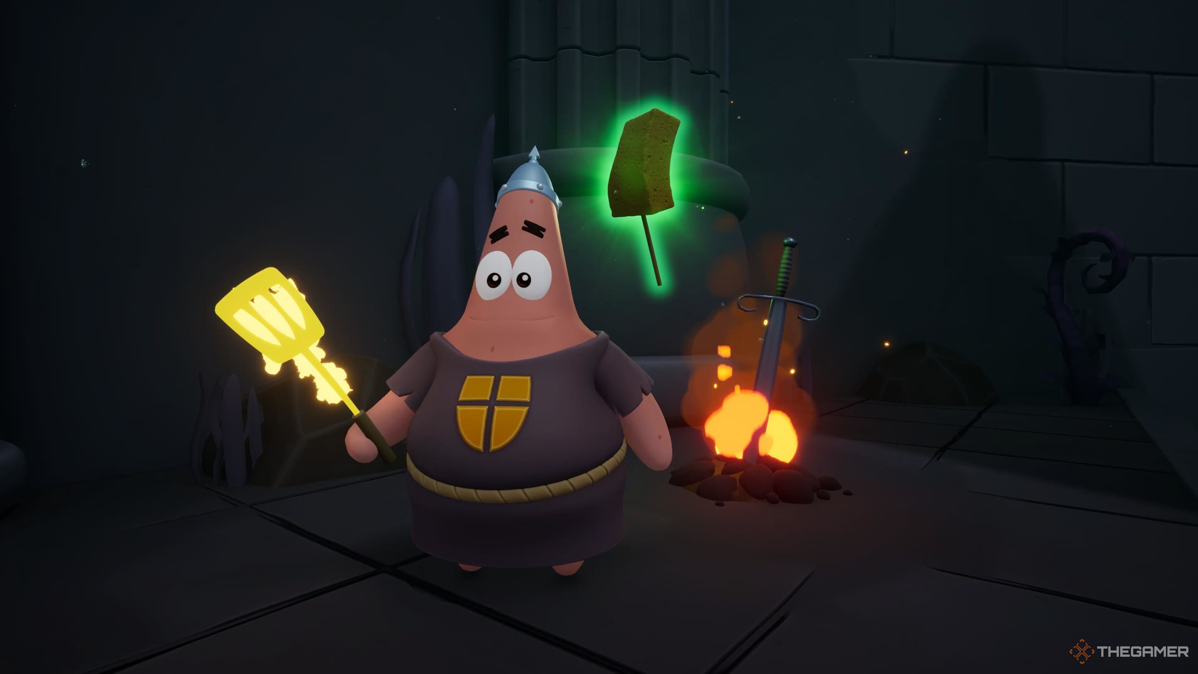 Bob Esponja e Patrick encontram uma espada em uma sala com uma lareira, referência a Dark Souls.