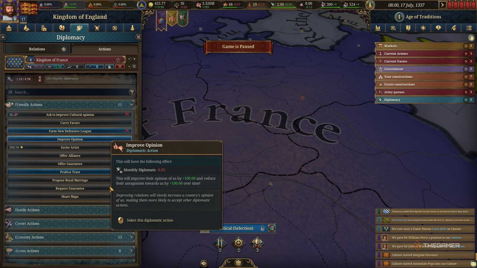 Taking diplomatic steps as England to improve relations with France to reduce antagonism in Europa Universalis 5.