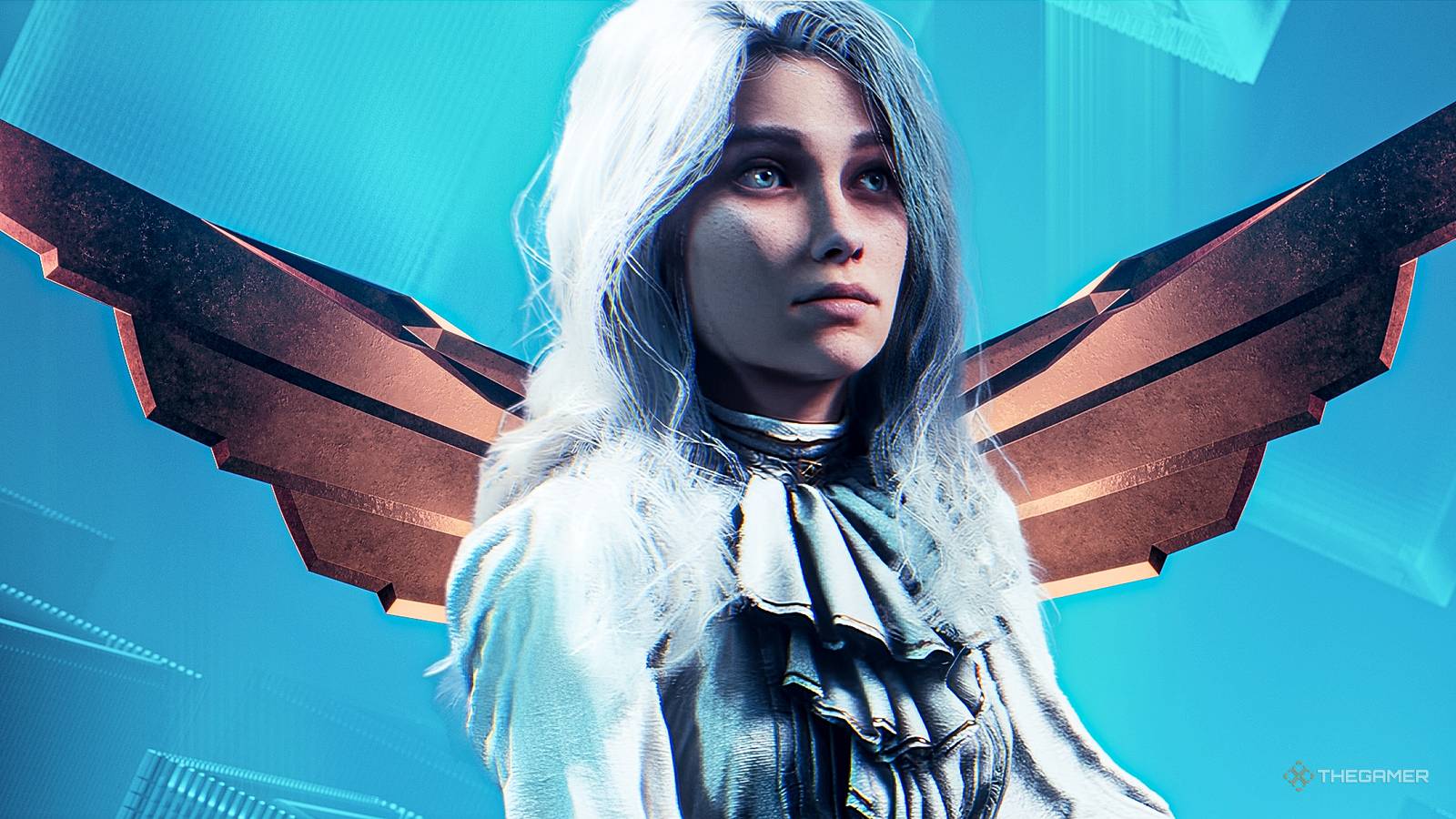 Maelle from Clair Obscur standing in front of the game awards trophy.