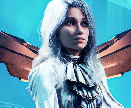 Maelle from Clair Obscur standing in front of the game awards trophy.