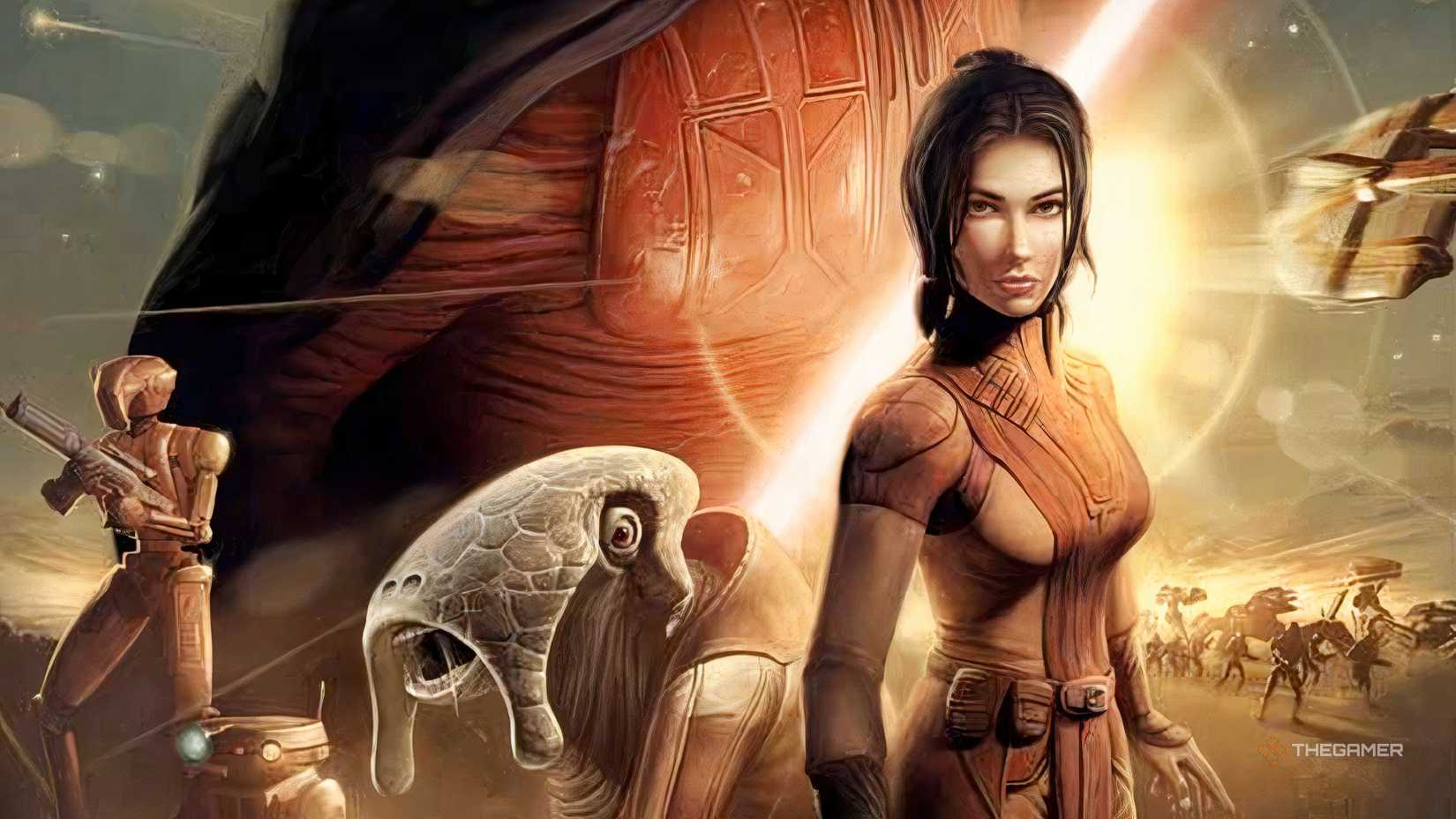 Star Wars Knights of the Old Republic game cover showing Bastila, a human woman, looking at the player. It is next to a water alien creature. Some robots are also visible.