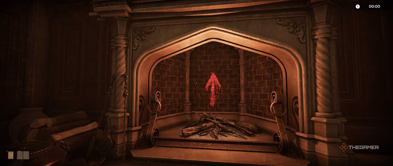 The fireplace with the red arrow in Dracula's Feast in Escape Simulator 2.