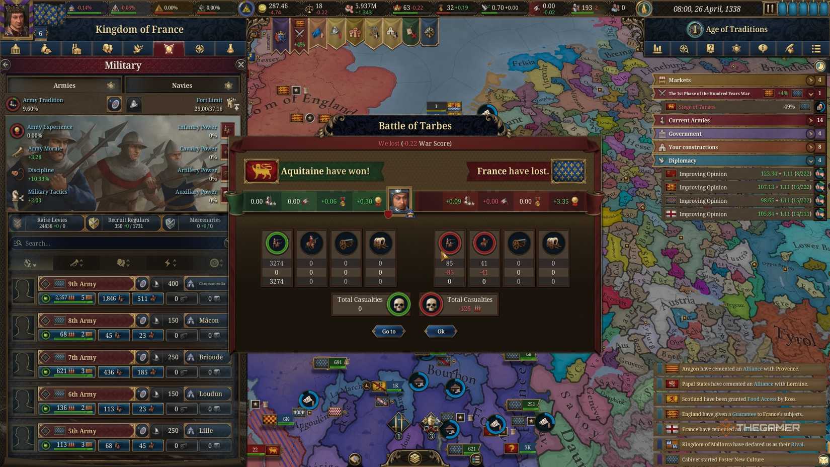 The French lost the Battle of Tarbes in the Hundred Years' War in EU5.