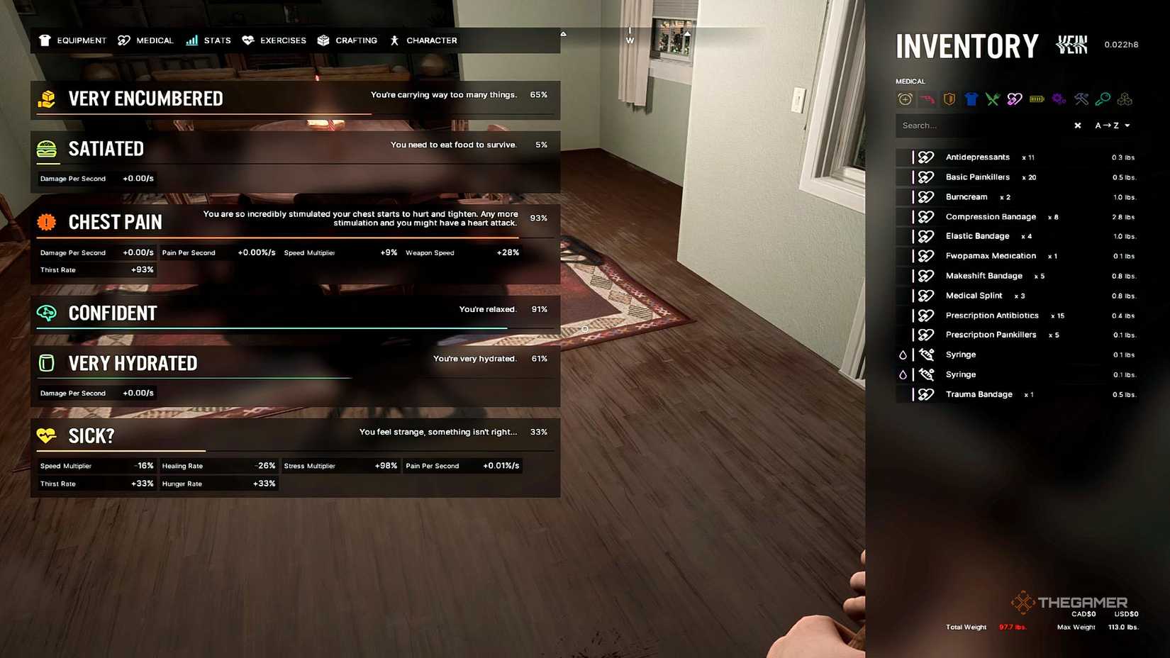 In Vein, an inventory and medicine tab will open, displaying various ailments and problems.