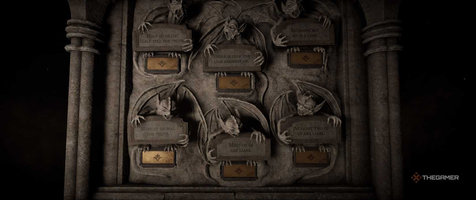 The bigger truth and lie puzzle in the darkest puzzle for Dracula's Courtyard in Escape Simulator 2.