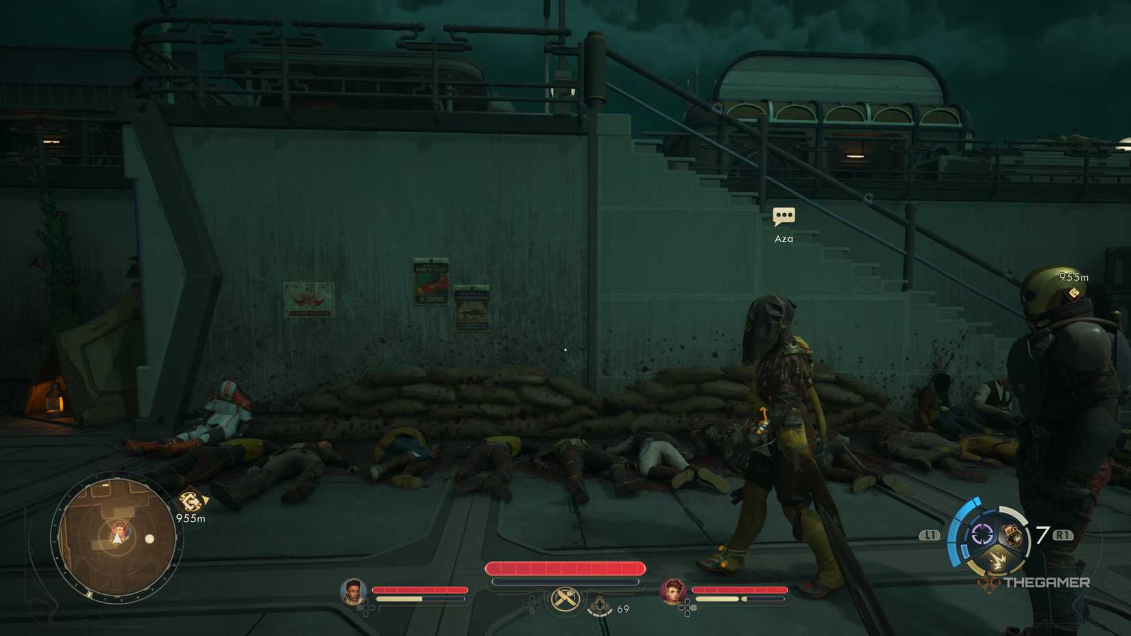 Walking around piles of bodies with Aza in The Outer Worlds 2.