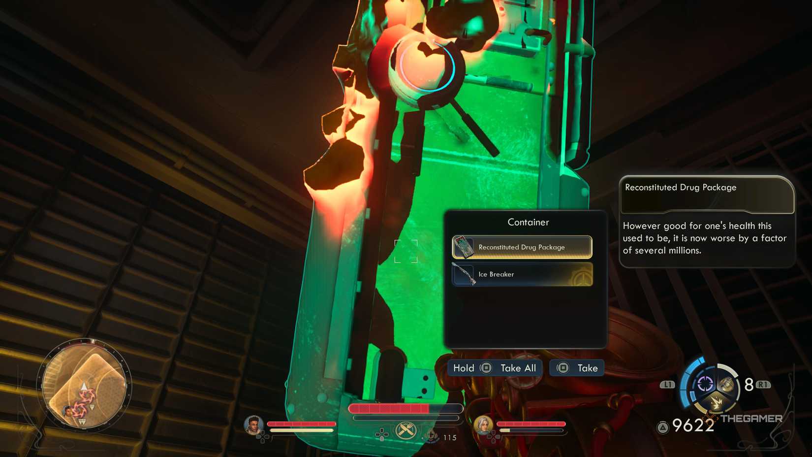 The reconstituted medicine package in a rift container in the outer worlds 2.