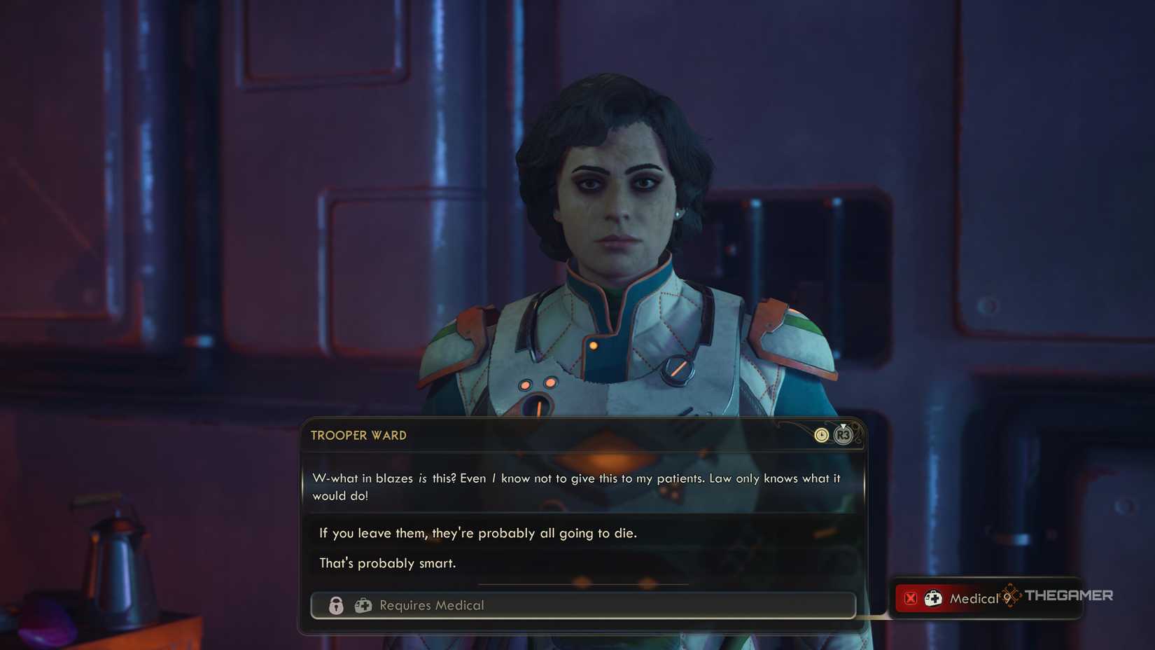 Trooper Ward shocked by the medicine you give her in the outer worlds 2.