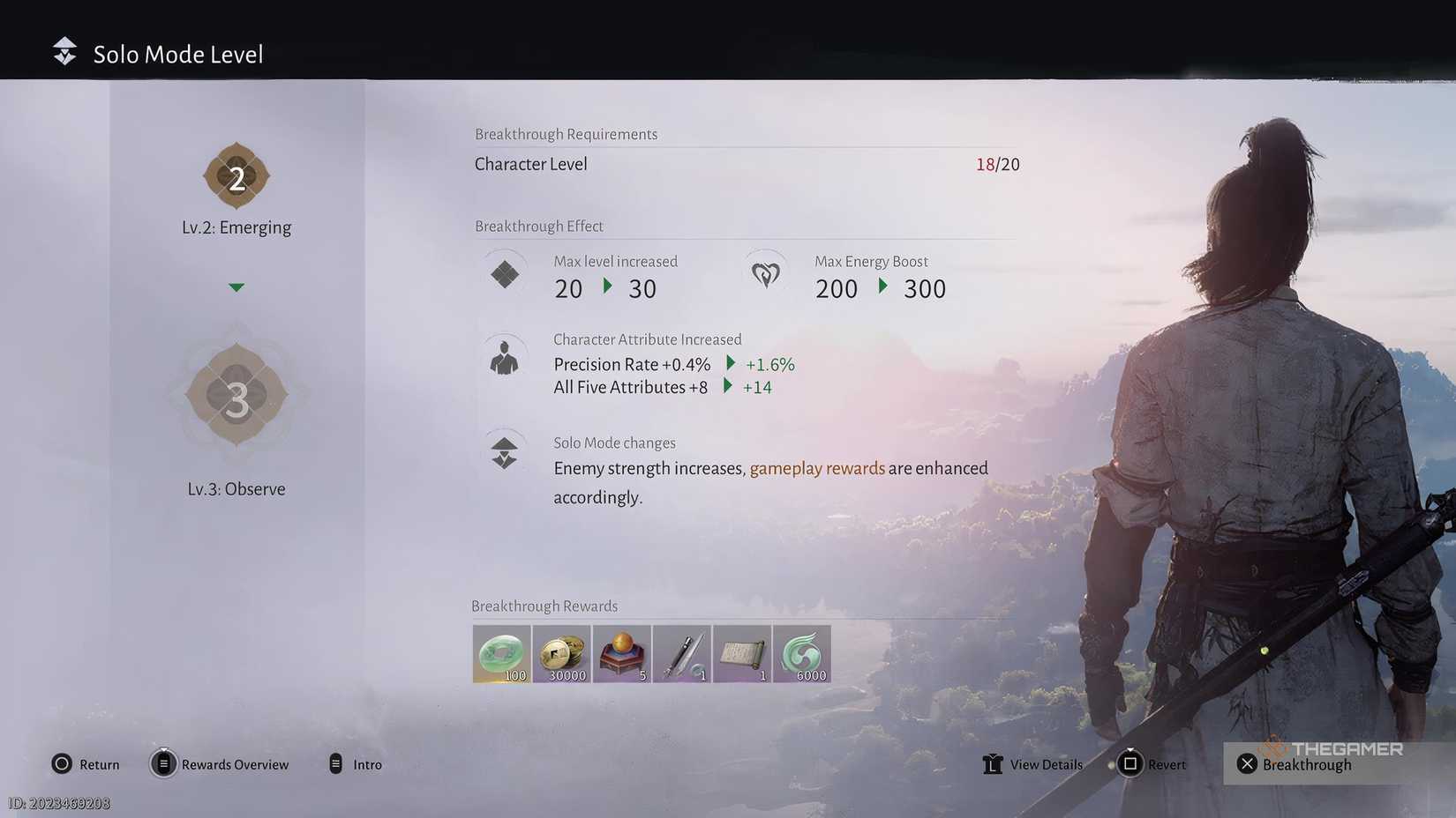 Where Winds Meet Solo Mode Level menu showing breakthrough rewards.