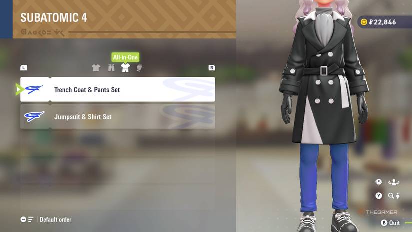 Trench coat and pants set at SUBATOMIC 4 In Pokemon Legends: Z-A.