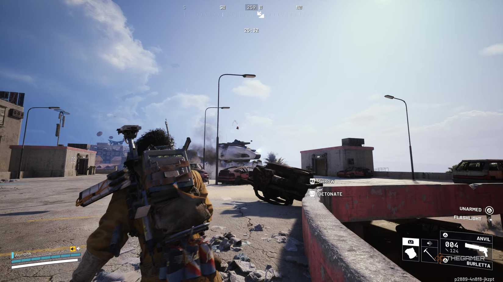 Player Raider throwing a Trigger Nade at a Bombardier on top of the parking garage in Arc Raiders.