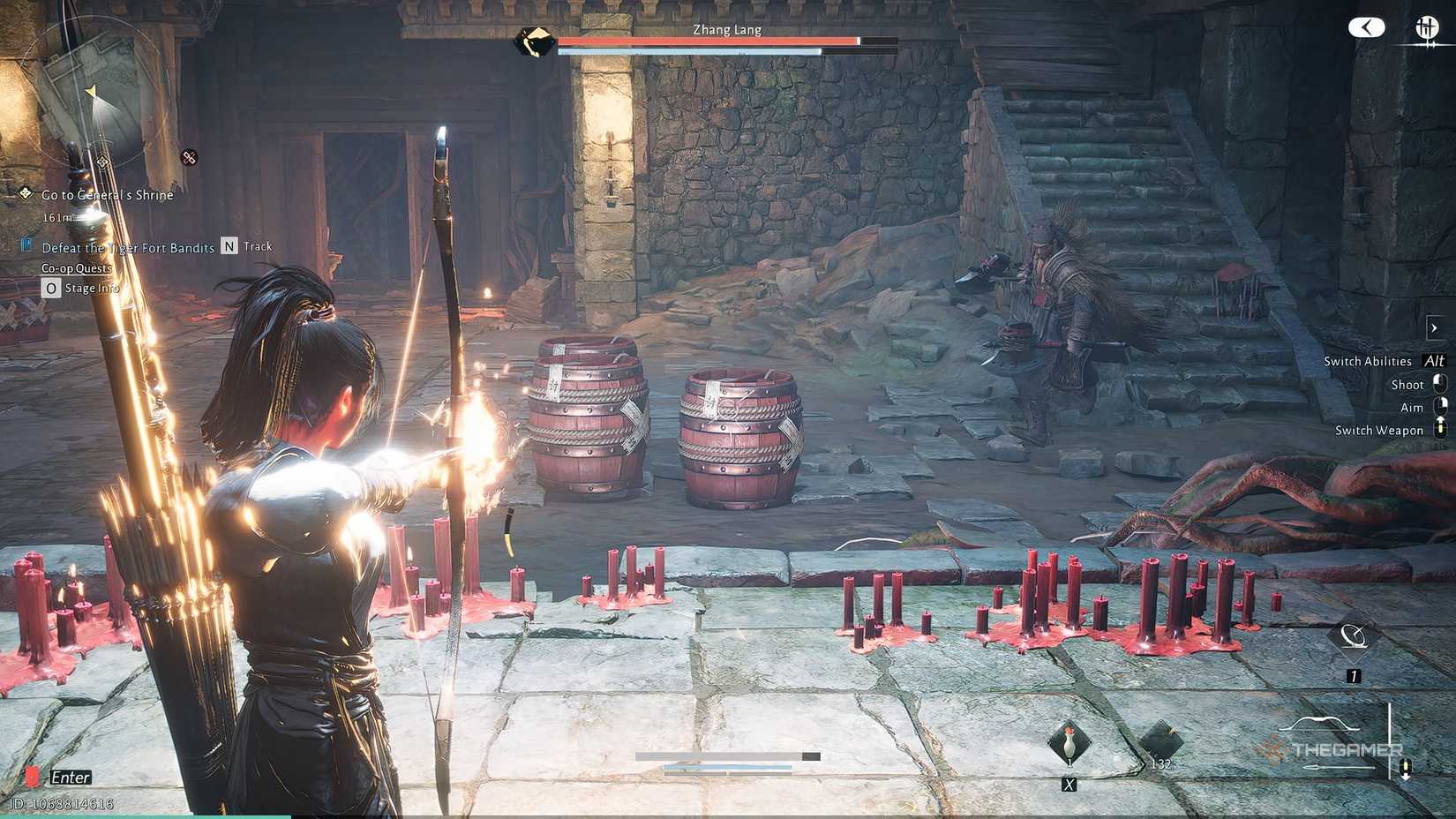 Where the Winds Meet Firing an arrow into the explosive barrels while Zhang Lang attacks.