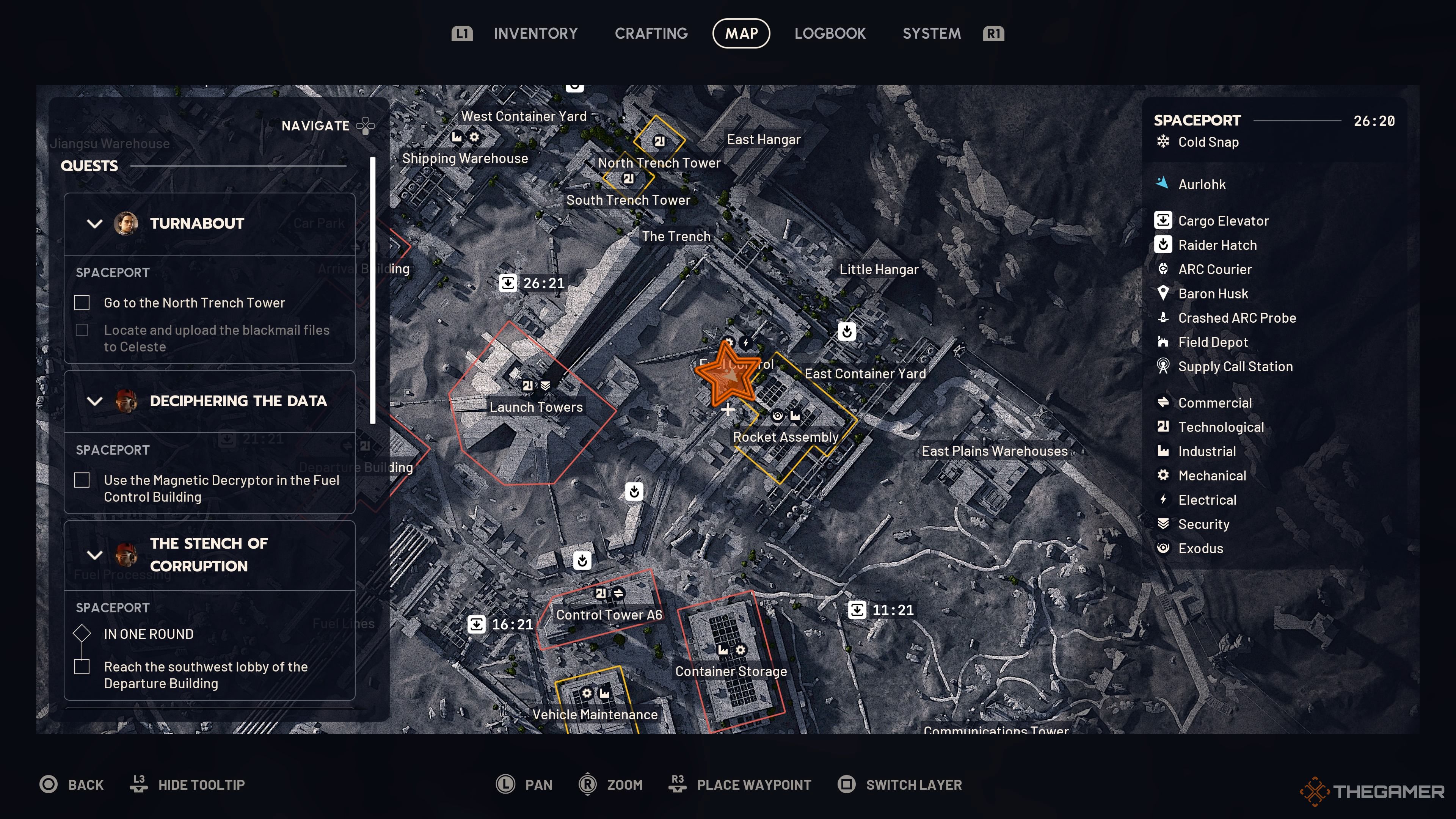 Close up of the map of Spaceport with an orange star edited onto the Fuel Control building's location in Arc Raiders.