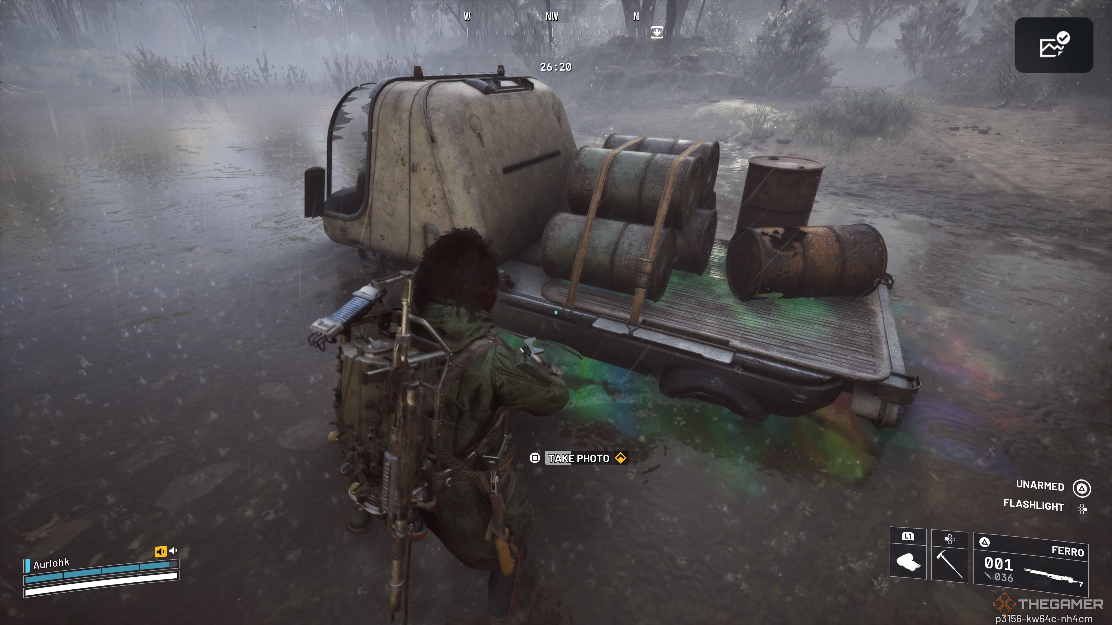 Player raider taking a photo of an abandoned truck with poison barrels strapped to the back in Arc Raiders.