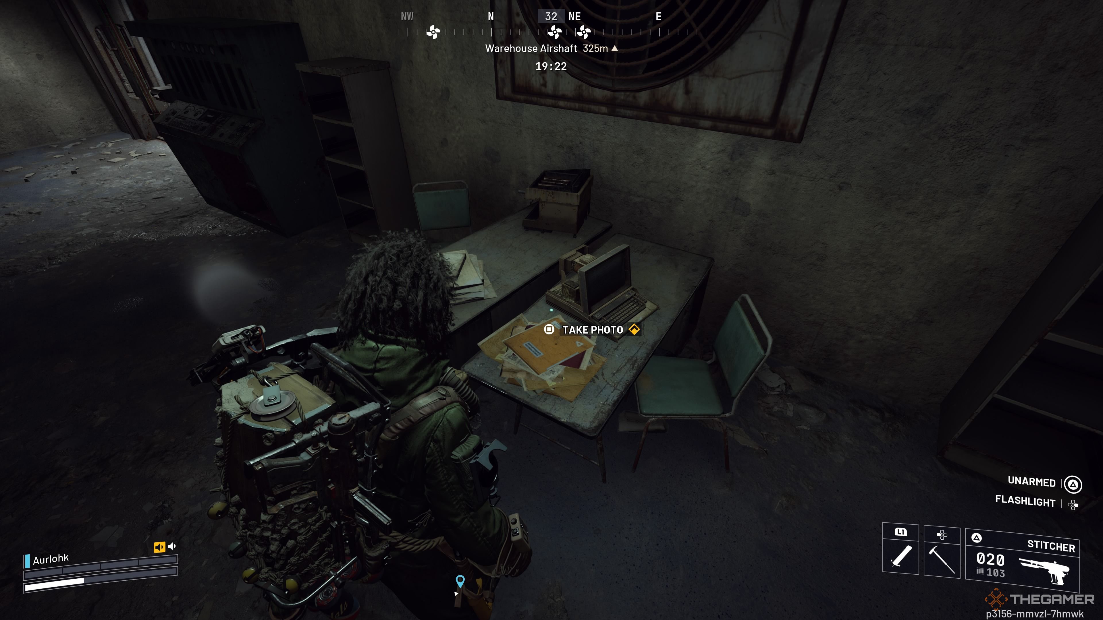 Player Raider standing next to a stack of yellow folders on a desk in the Maintenance Bunker with a prompt above them in Arc Raiders.