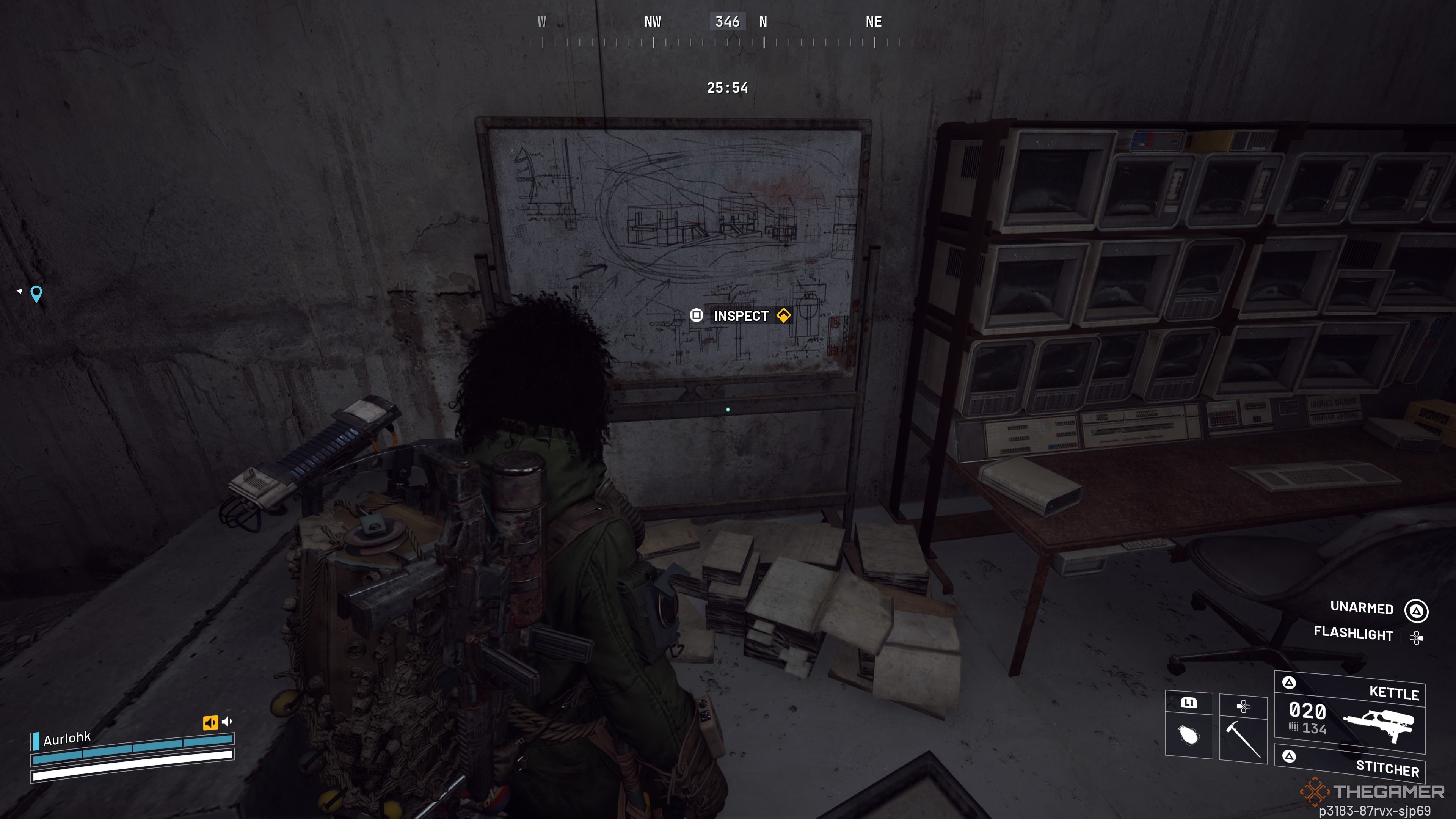 Player raider standing in front of a white board with research on it with a prompt to inspect it in Arc Raiders.