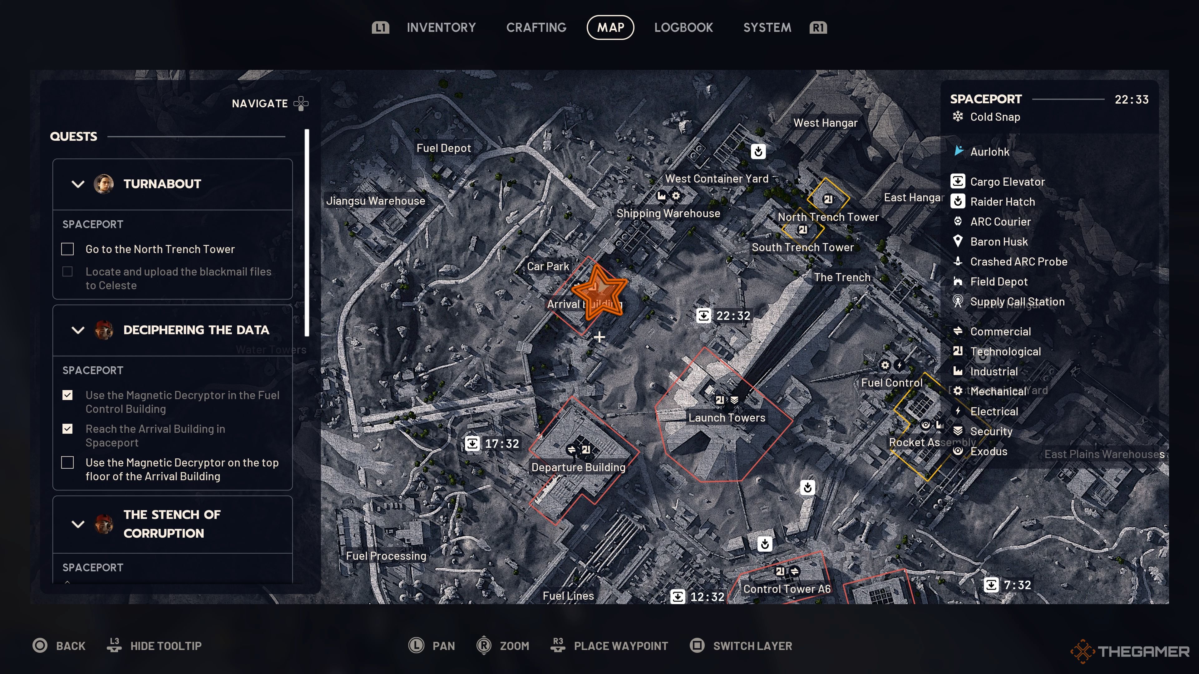 Close up of the map of Spaceport with an orange star edited onto the Arrival Building in Arc Raiders.