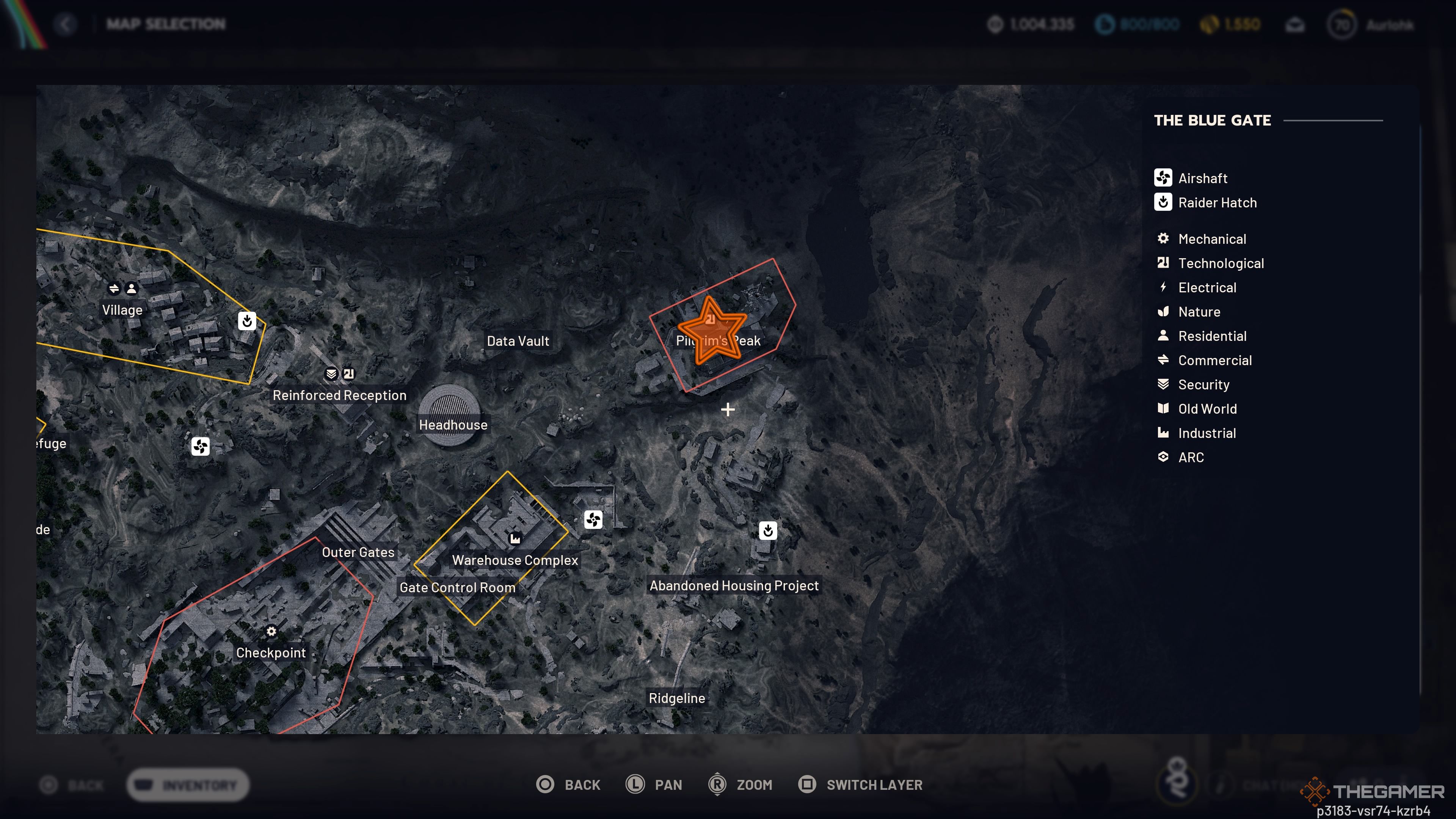 Close up of the map of The Blue Gate with an orange star edited onto the Pilgrim's Peak building in Arc Raiders.