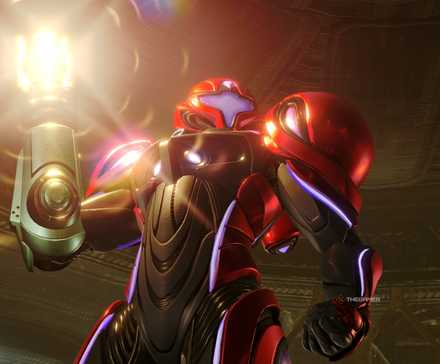 Samus holds up a powered-up arm cannon in Metroid Prime 4.