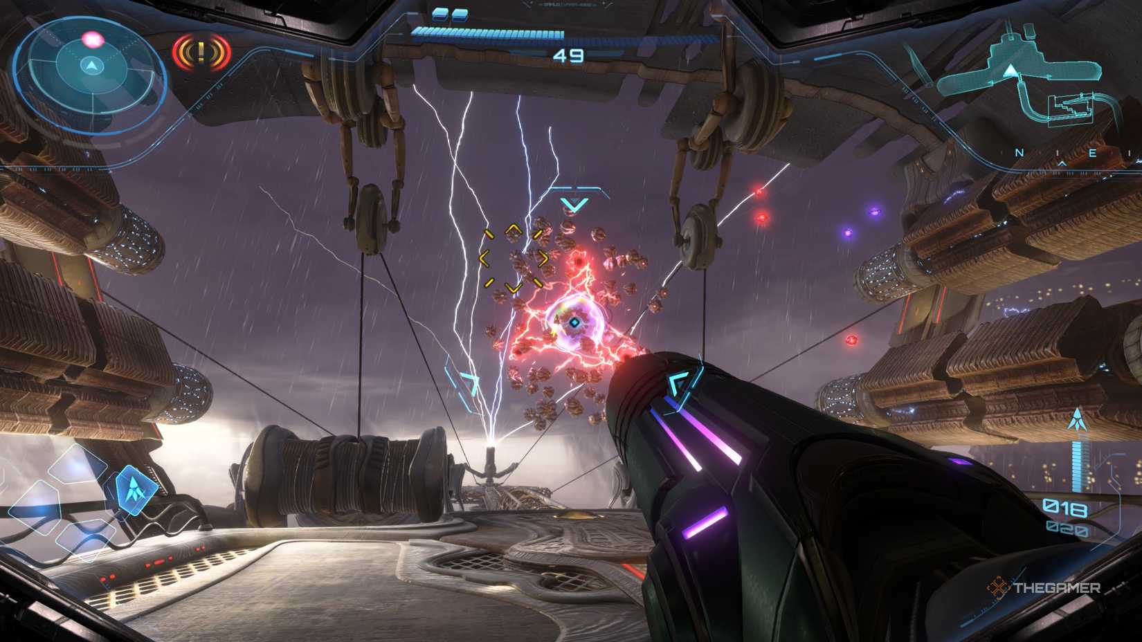 Player defeating Flight Drone MCU boss in Metroid Prime 4: Beyond.