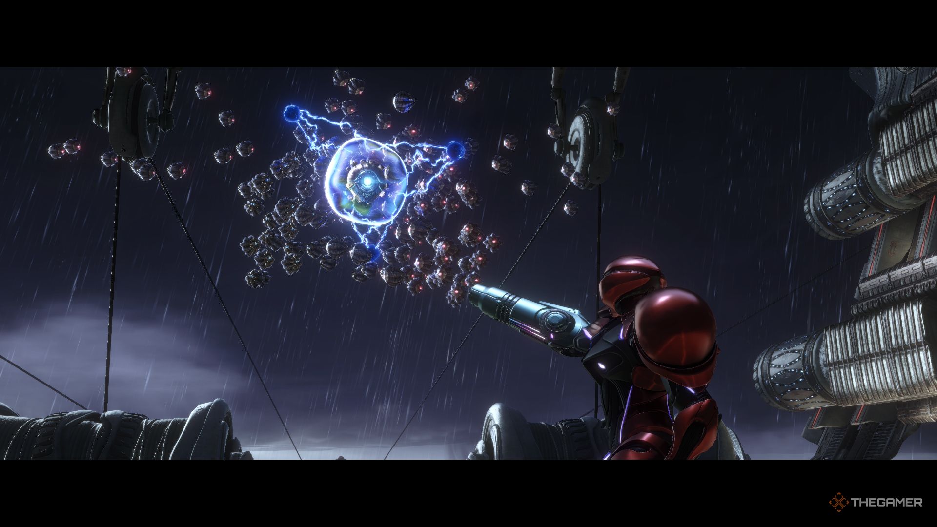 Samus aiming at the MCU Flight Drone in Metroid Prime 4 Beyond.