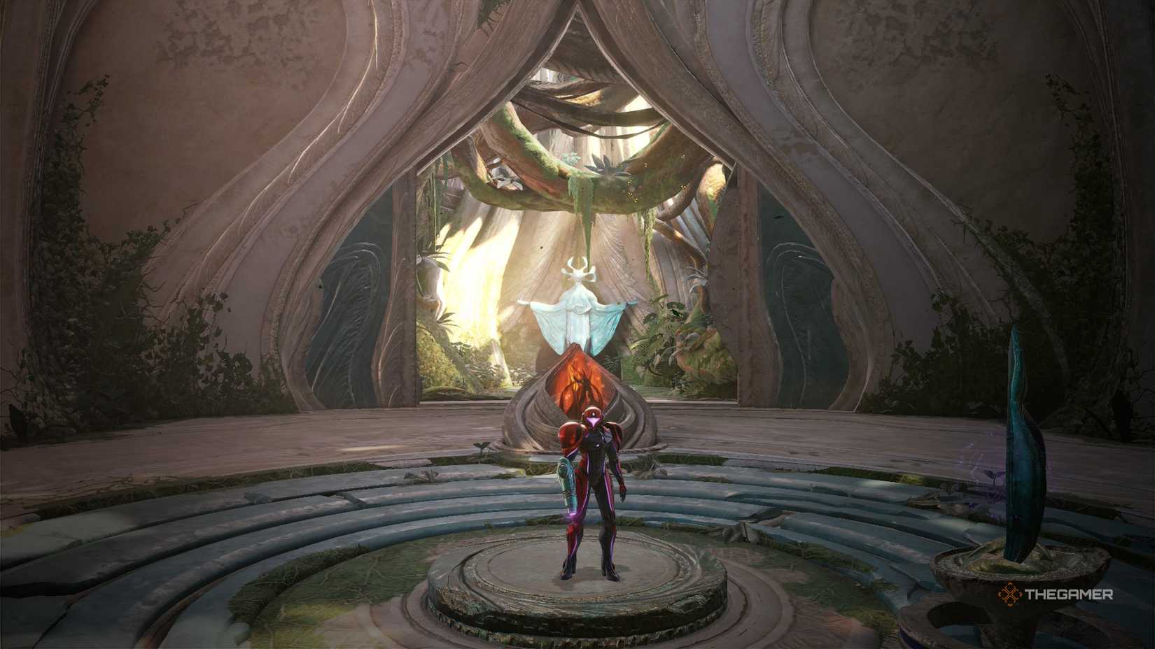 Samus in the sacred flame ceremony room in metroid prime 4: beyond.