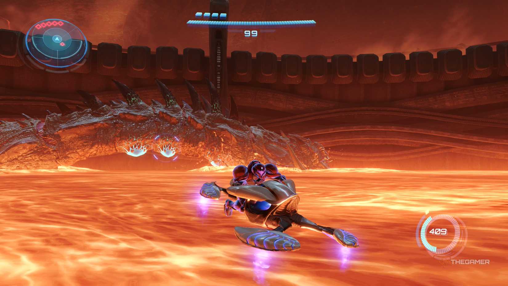 A player beating the Phenoros boss in Flare Pool in Metroid Prime 4: Beyond.