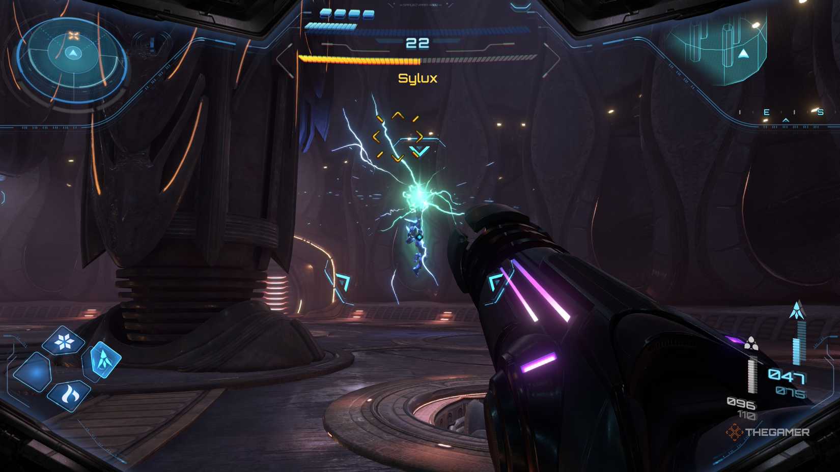 A player beating Sylux during the second boss fight in Metroid Prime 4: Beyond.