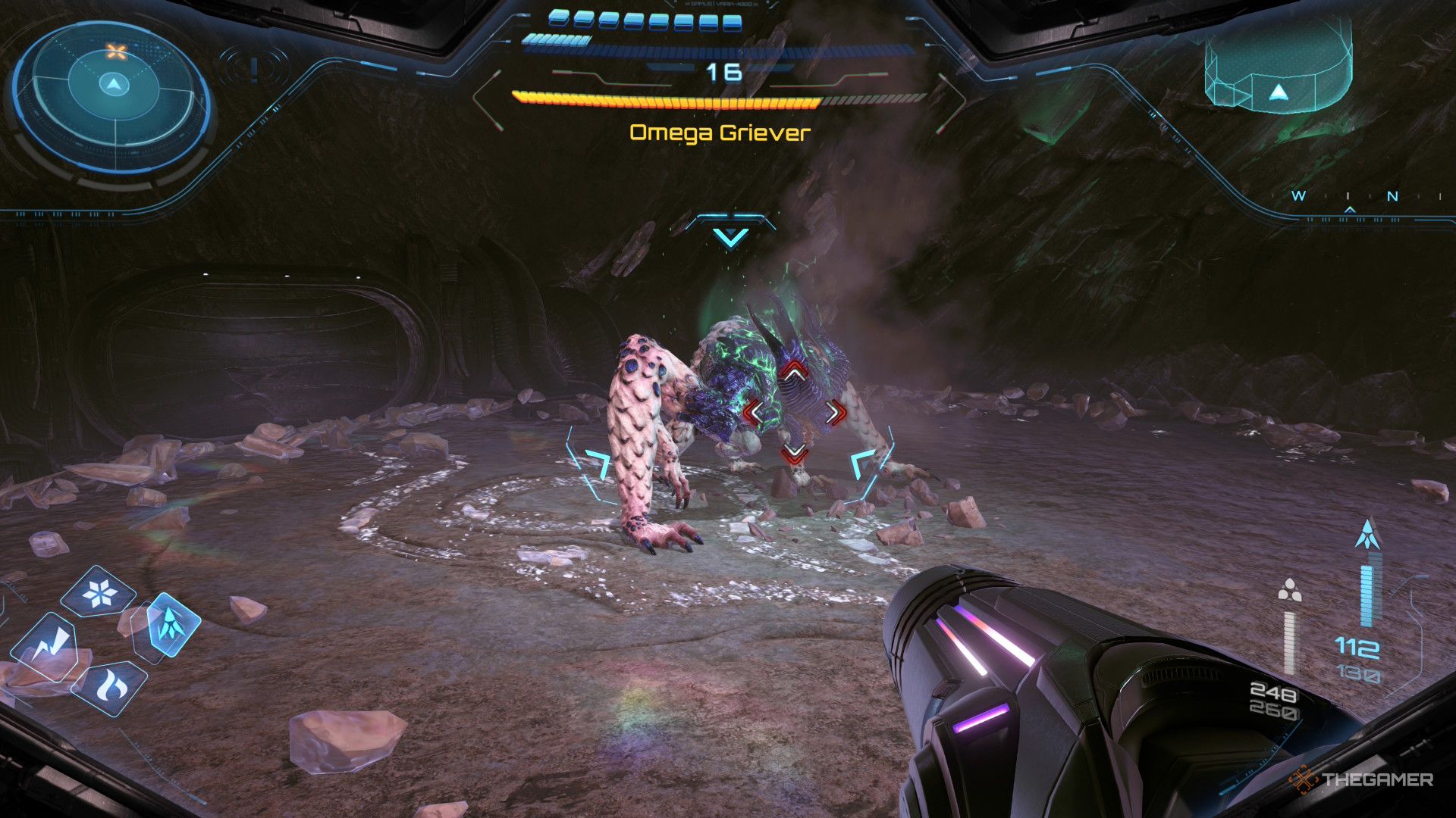 A player beating the Omega Griever boss in Metroid Prime 4: Beyond.
