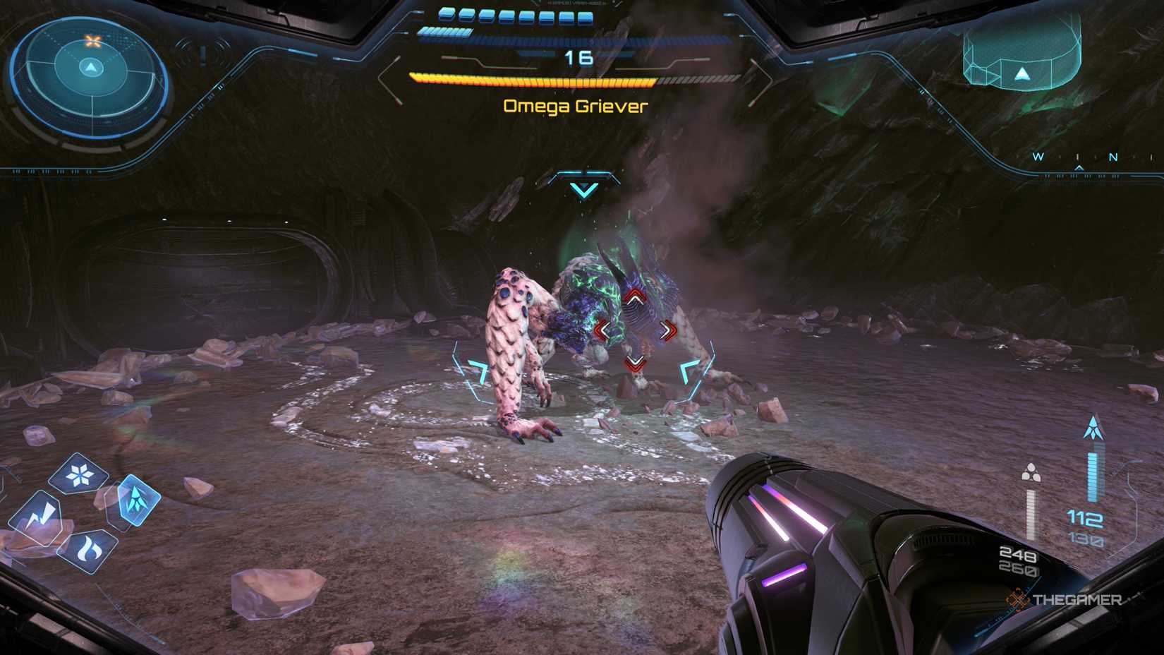 A player beating the Omega Griever boss in Metroid Prime 4: Beyond.